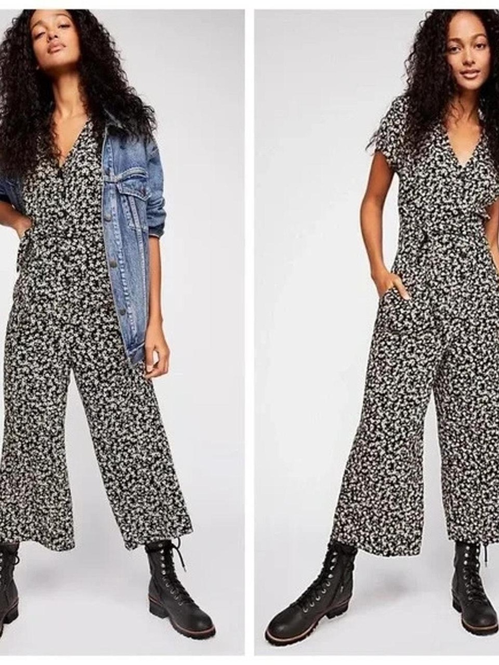 Free People Short-Sleeve Wide-Leg Jumpsuit in Black/Cream